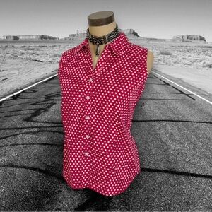 Vintage 90’s Red/White Star Print Sleeveless Button-Up Shirt Top Blouse Medium M